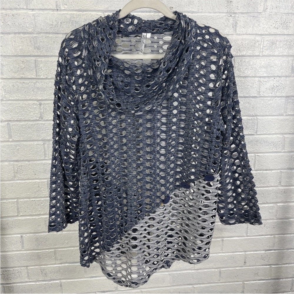 Lulu B Open Knit Cowlneck Tunic Top Colorblock Womens XL Gray Blue Coastal Artsy